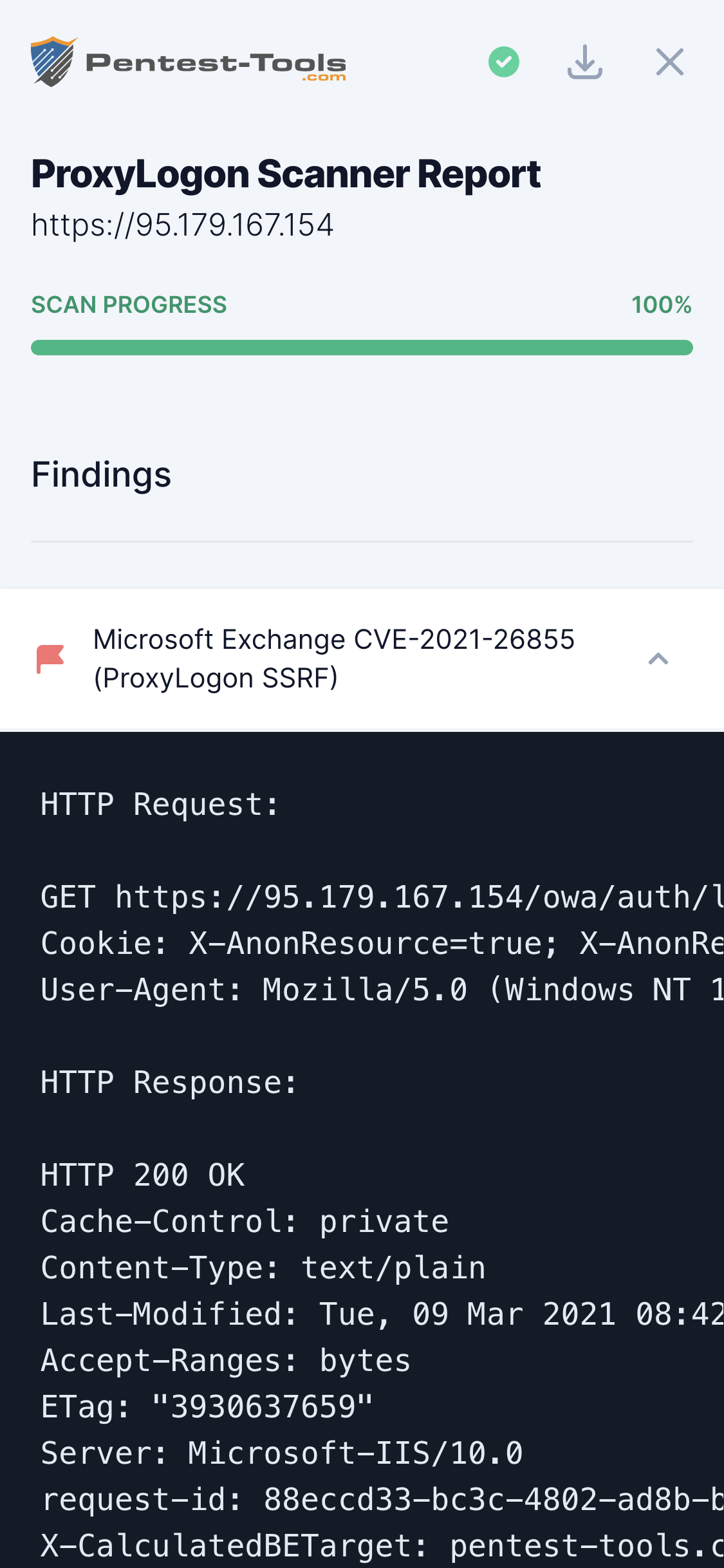 Pentest-Tools.com ProxyLogon Scanner Sample Report